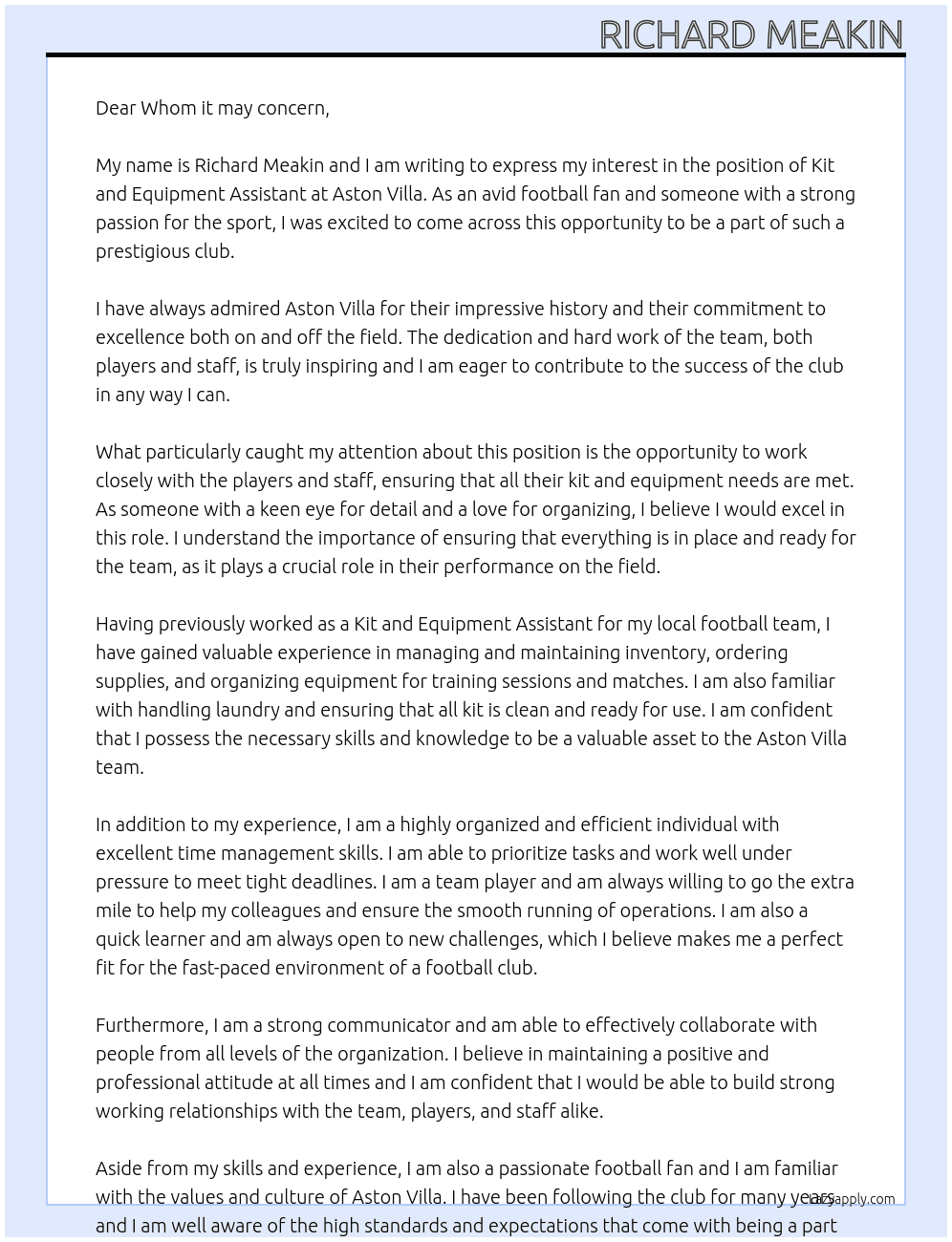 Kit and Equipment Assistant At Aston Villa  Cover Letter