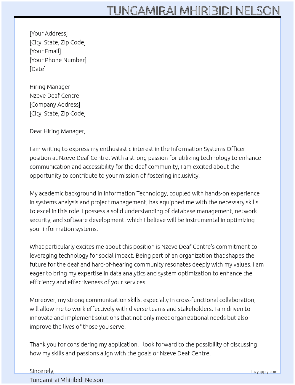 Information Systems Officer At Nzeve Deaf Centre Cover Letter