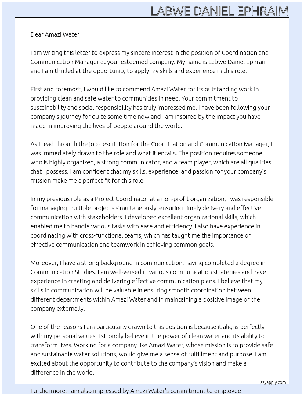 coordination&communication manager At Amazi water Cover Letter