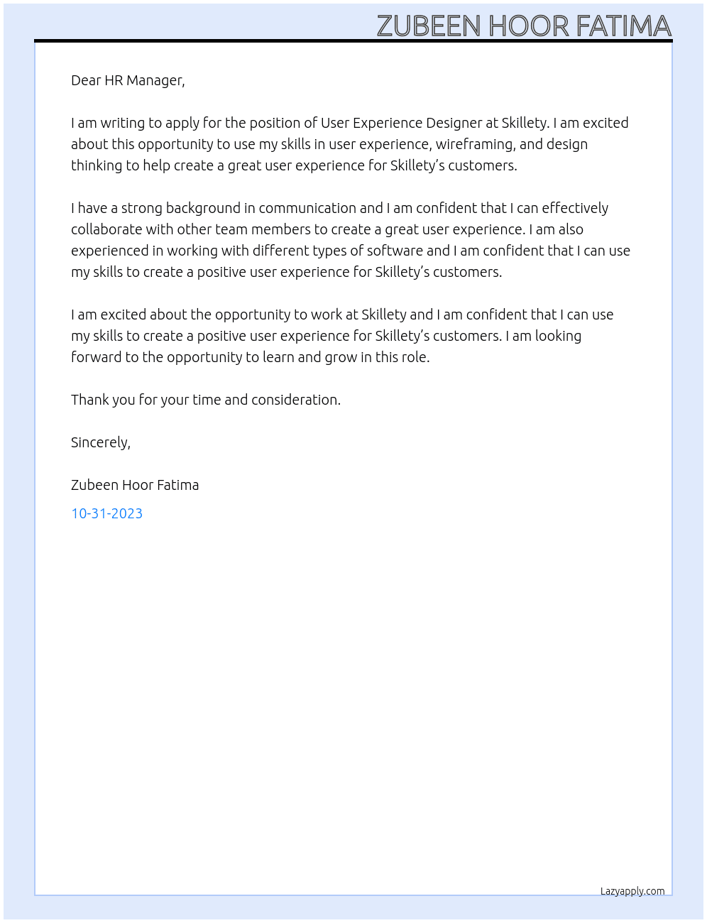 User experience designer  At Skillety  Cover Letter