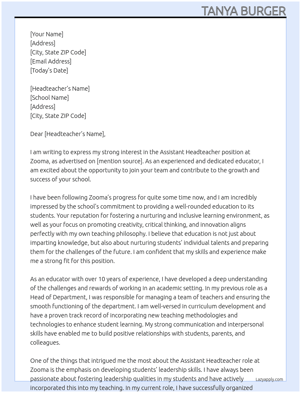 Assistant Headteacher  At Zooma Cover Letter