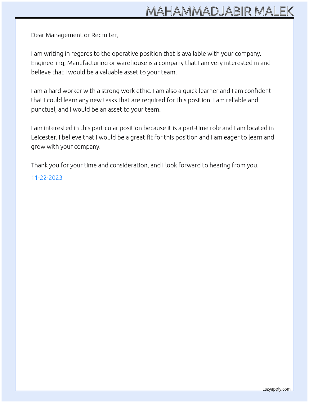 Operative  At Engineering, Manufacturing or warehouse  Cover Letter