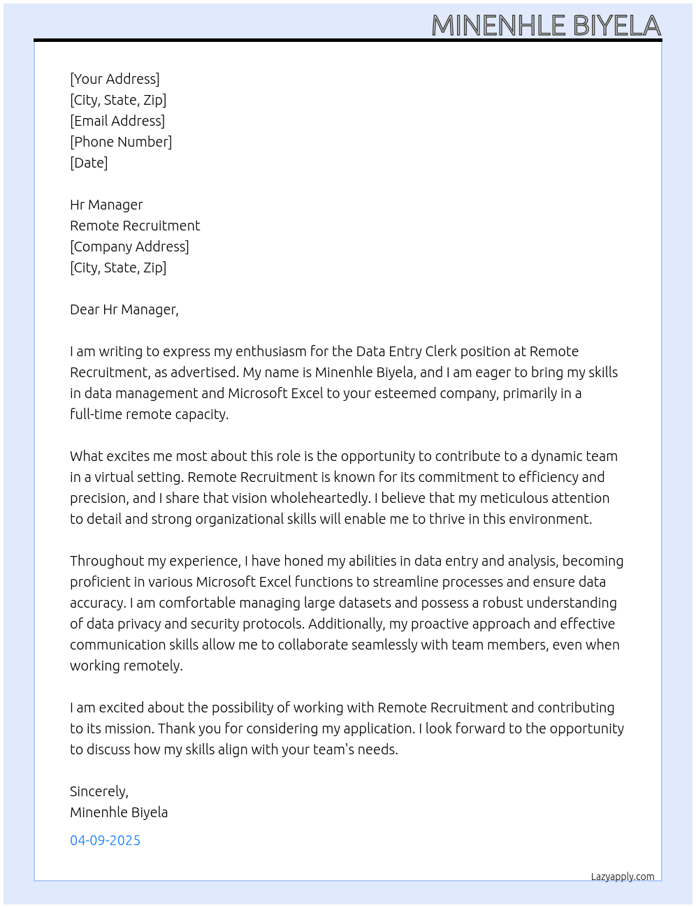 Data entry clerk  At Remote recruitment Cover Letter
