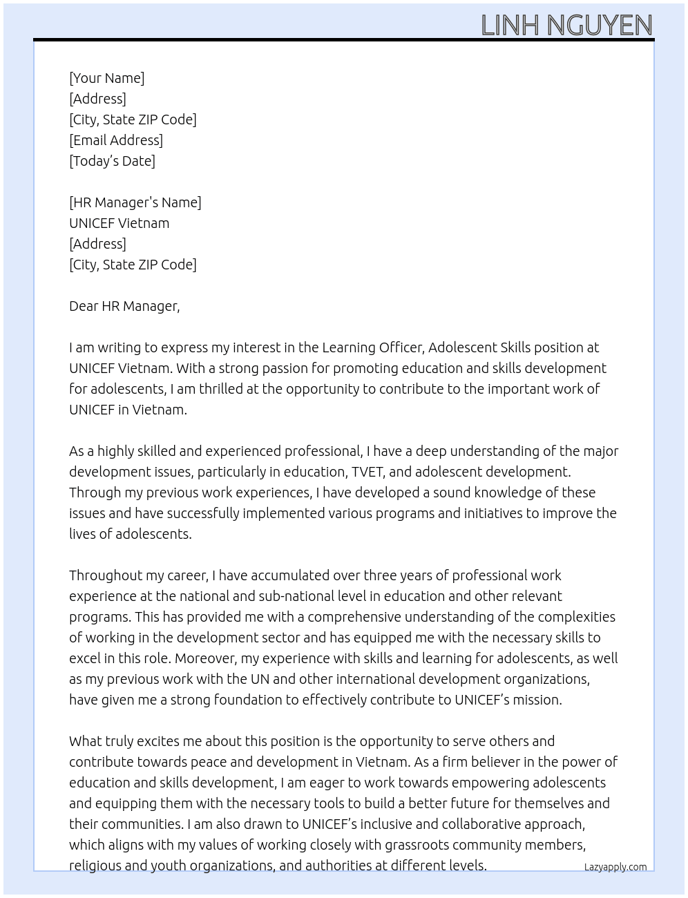 Learning Officer, Adolescent Skills At UNICEF Vietnam Cover Letter