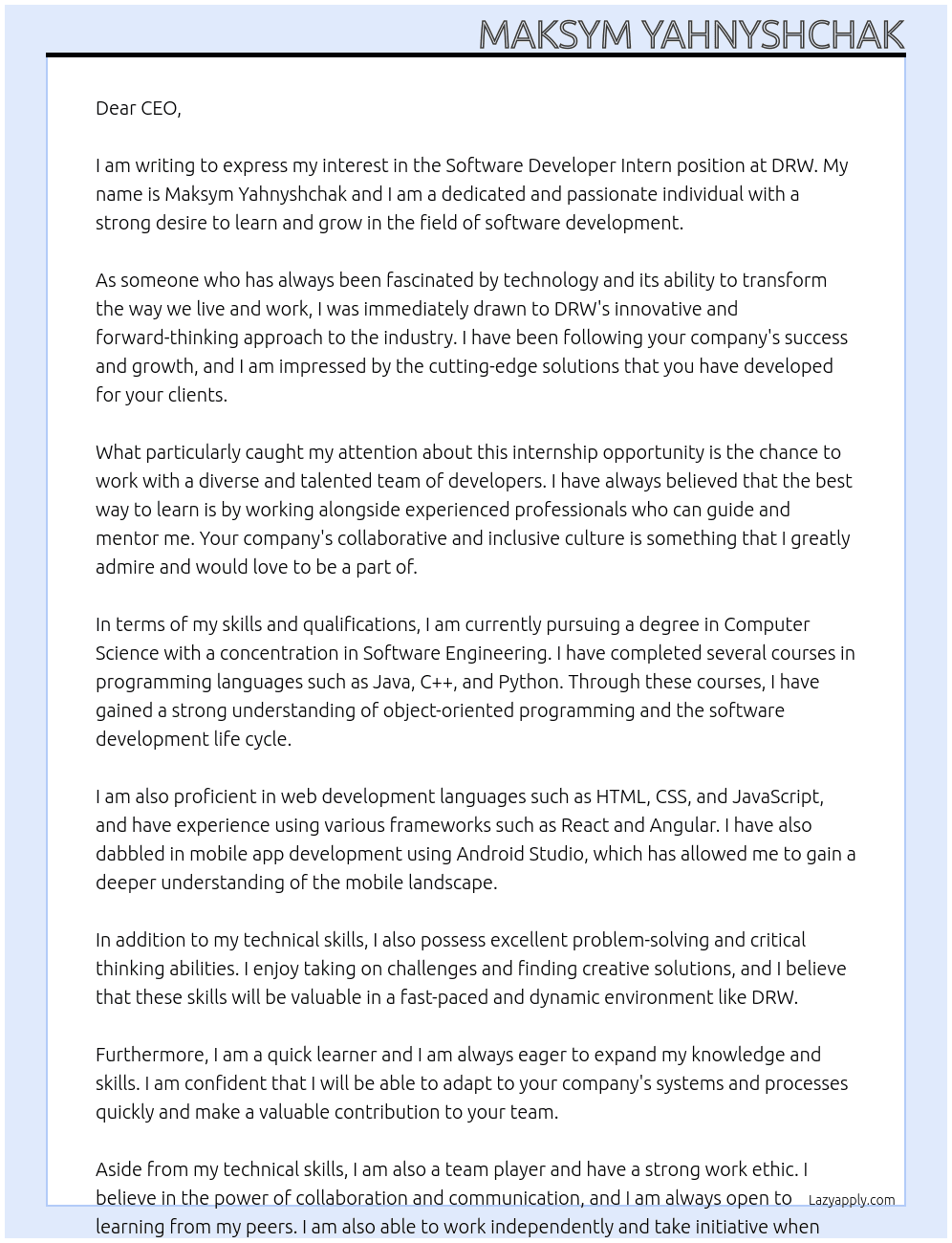 Software developer intern At DRW Cover Letter