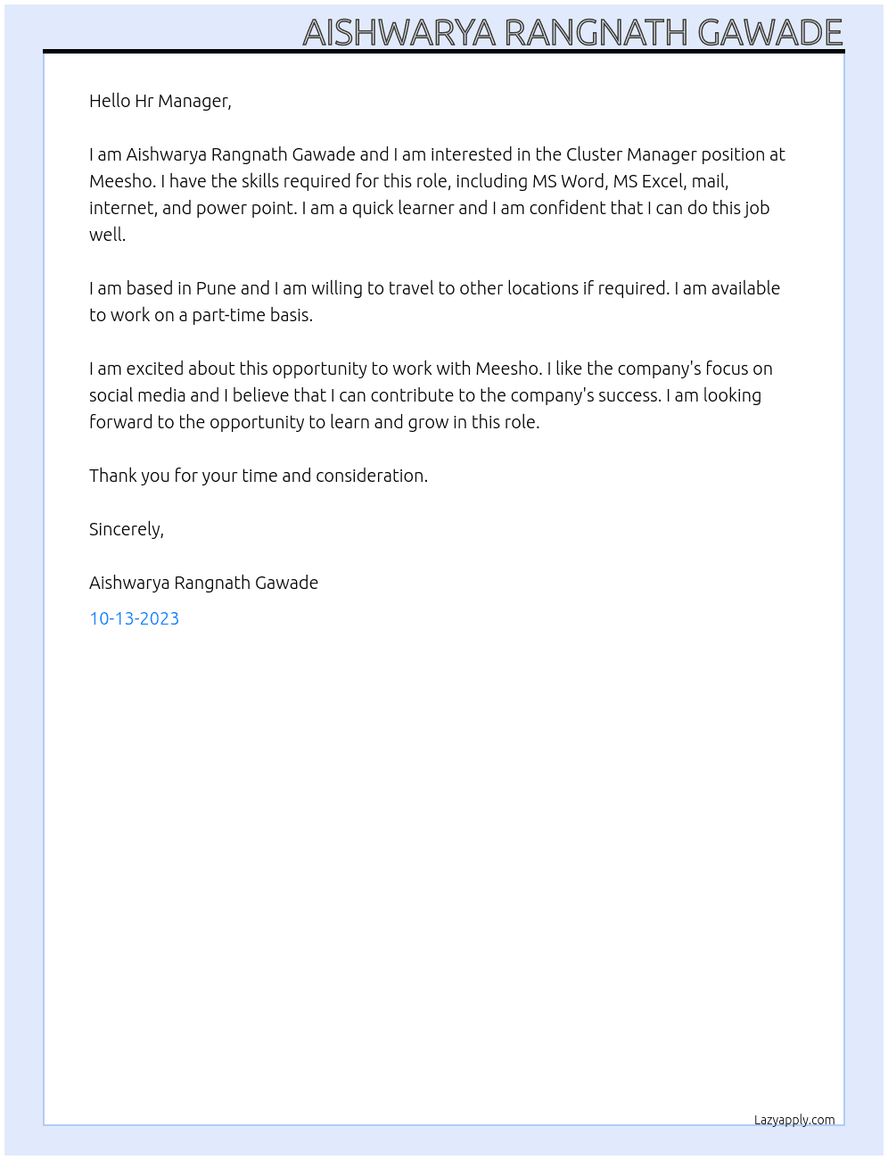 CLUSTER MANAGER At Meesho Cover Letter