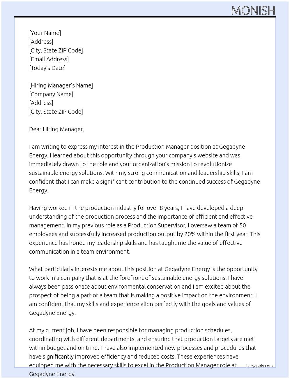  Production Manager  At Gegadyne Energy Cover Letter