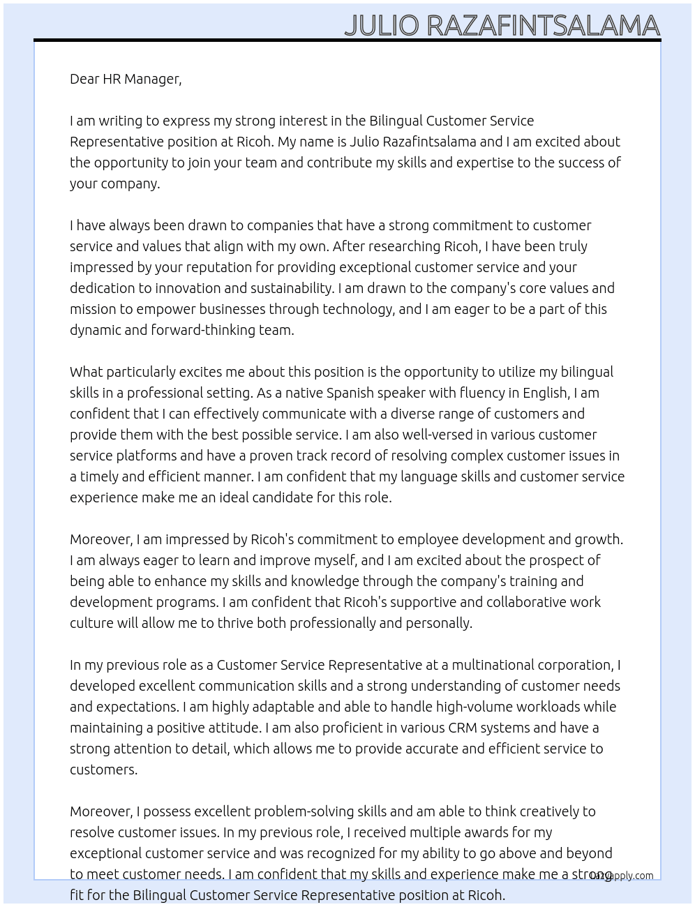 Bilingual Customer Service Representative At Ricoh Cover Letter