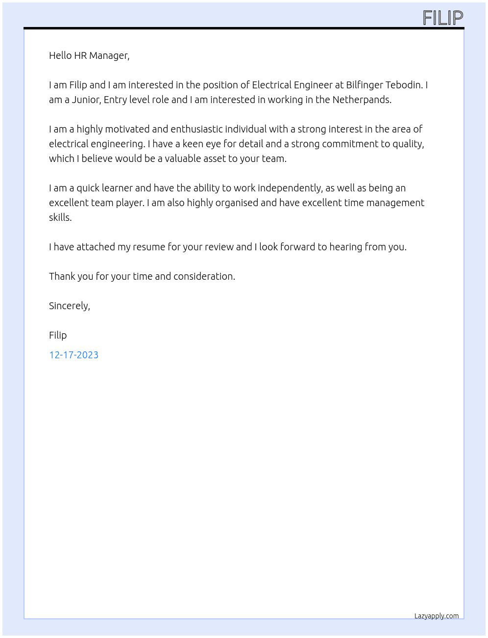Electrical Engineer At Bilfinger Tebodin Cover Letter