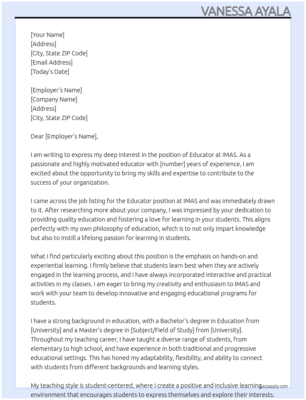 Educator At IMAS Cover Letter