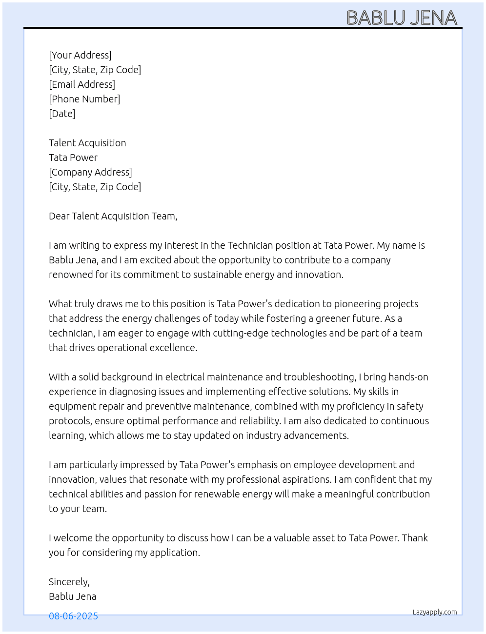 TECHNICIAN  At TATA POWER  Cover Letter