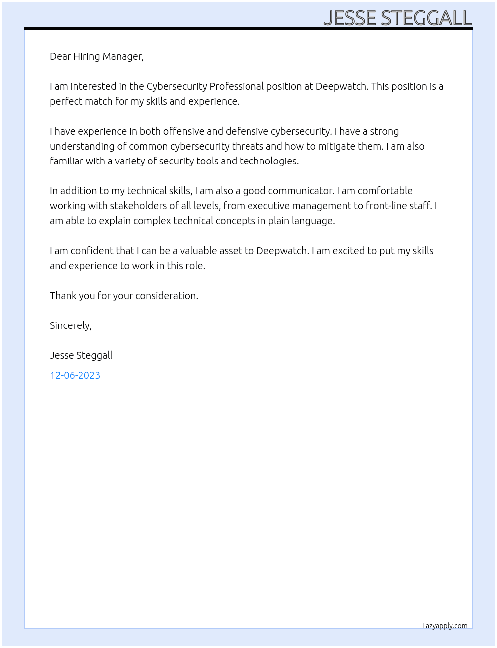 Cybersecurity Professional At Deepwatch Cover Letter