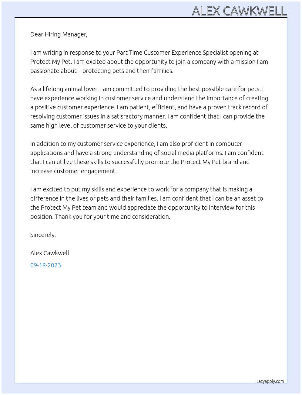 Part Time Customer Experience Specialist  At Protect My Pet Cover Letter