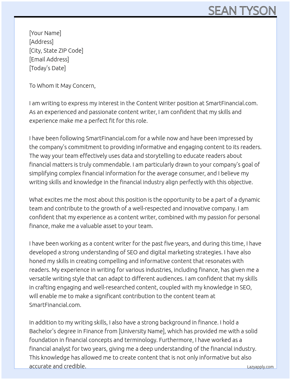 Content Writer At SmartFinancial.com Cover Letter
