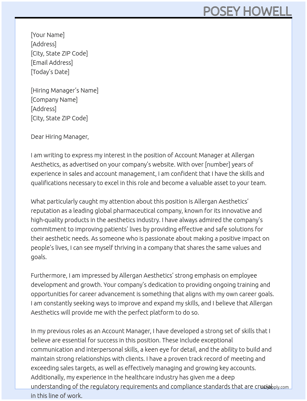 Account Manager At Allergan Aesthetics Cover Letter