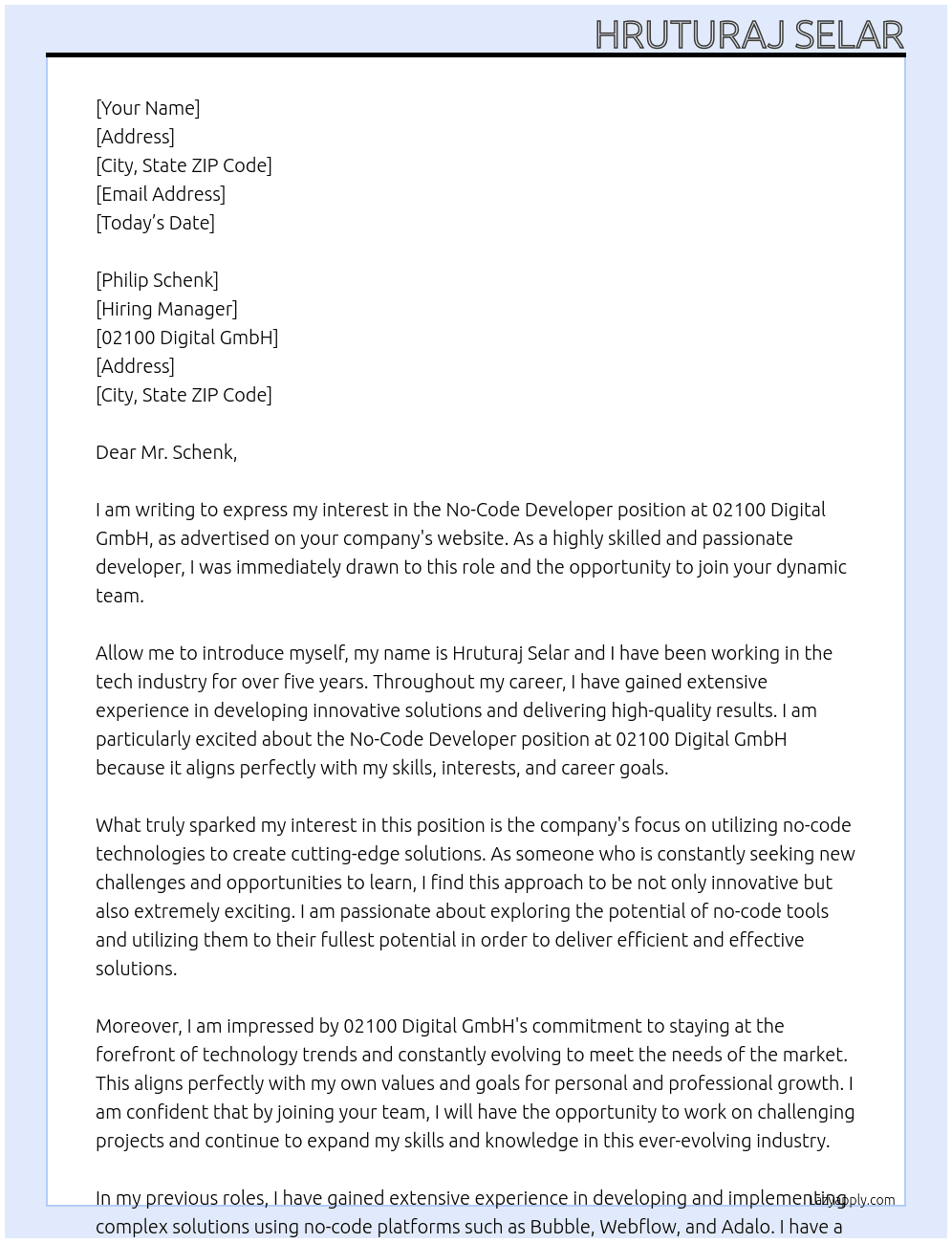 No-Code Developer At 02100 Digital GmbH Cover Letter