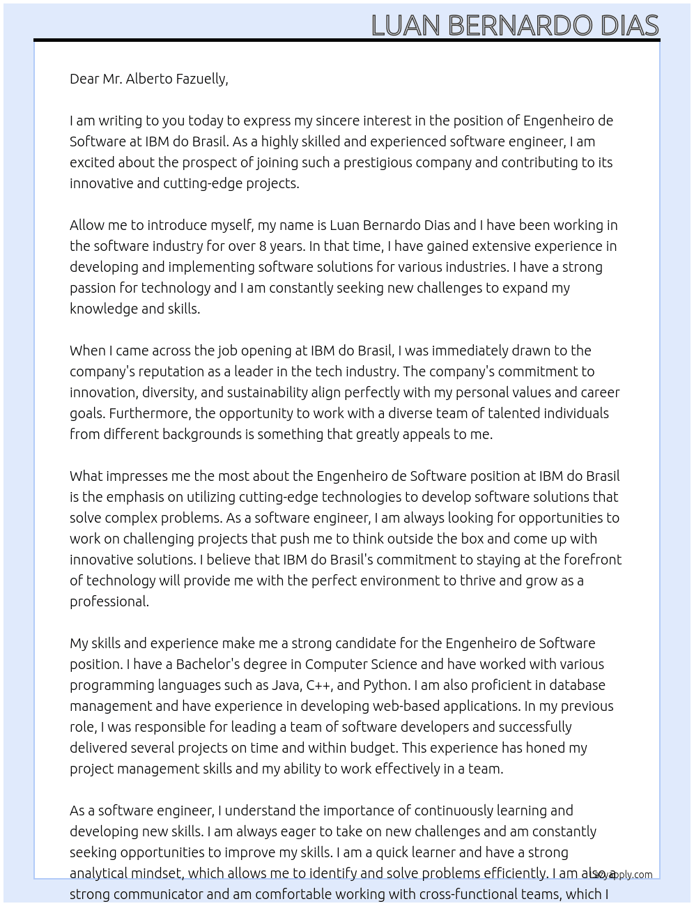 Engenheiro de Software At IBM do brasil Cover Letter