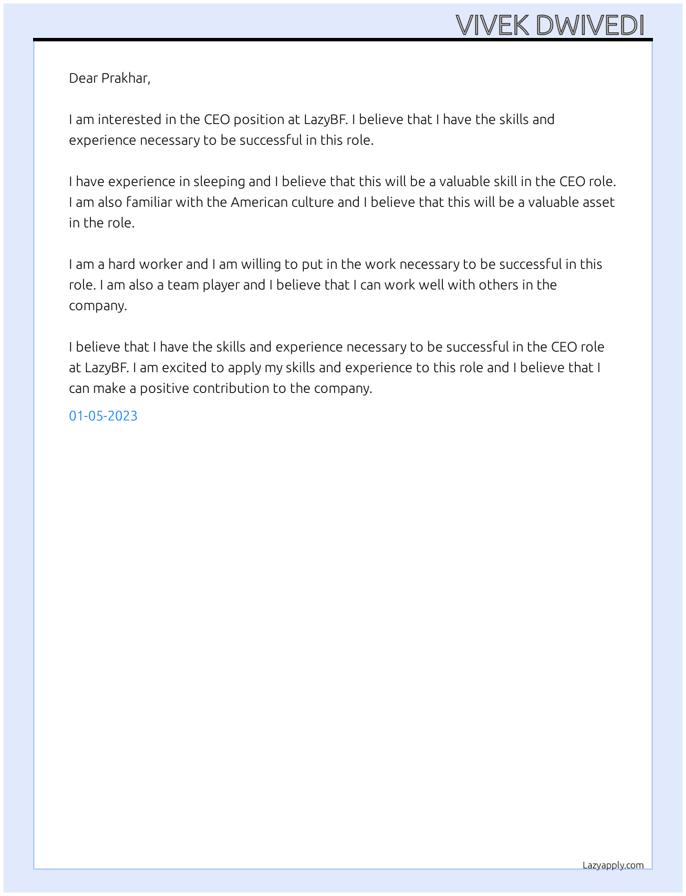 CEO At lazybf Cover Letter