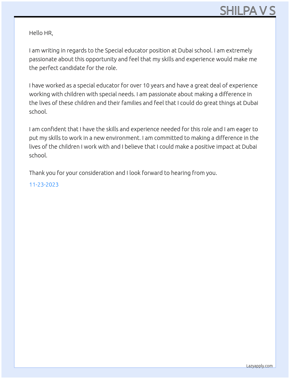 Special educator  At Dubai school  Cover Letter