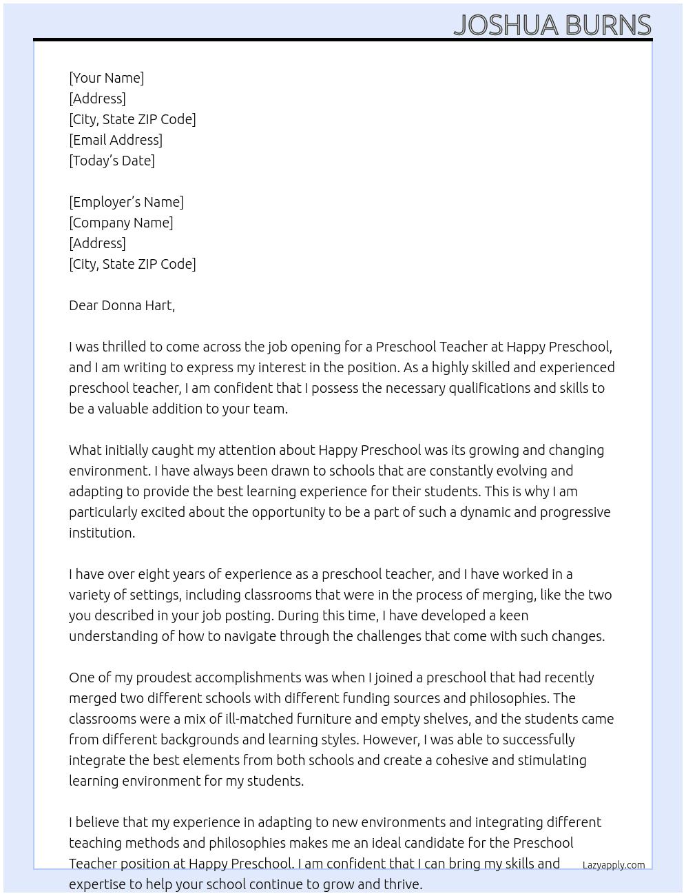 Preschool Teacher At Happy Preschool Cover Letter