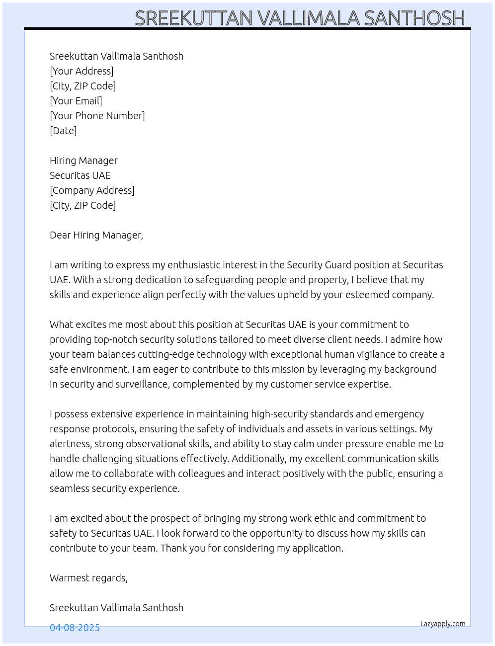 Security Guard  At Securitas UAE Cover Letter