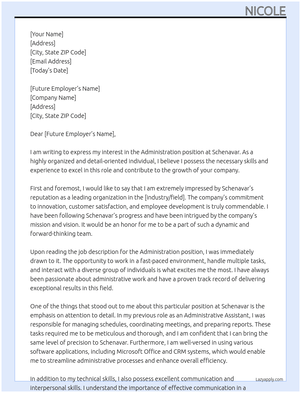 Administration At Schenavar Cover Letter