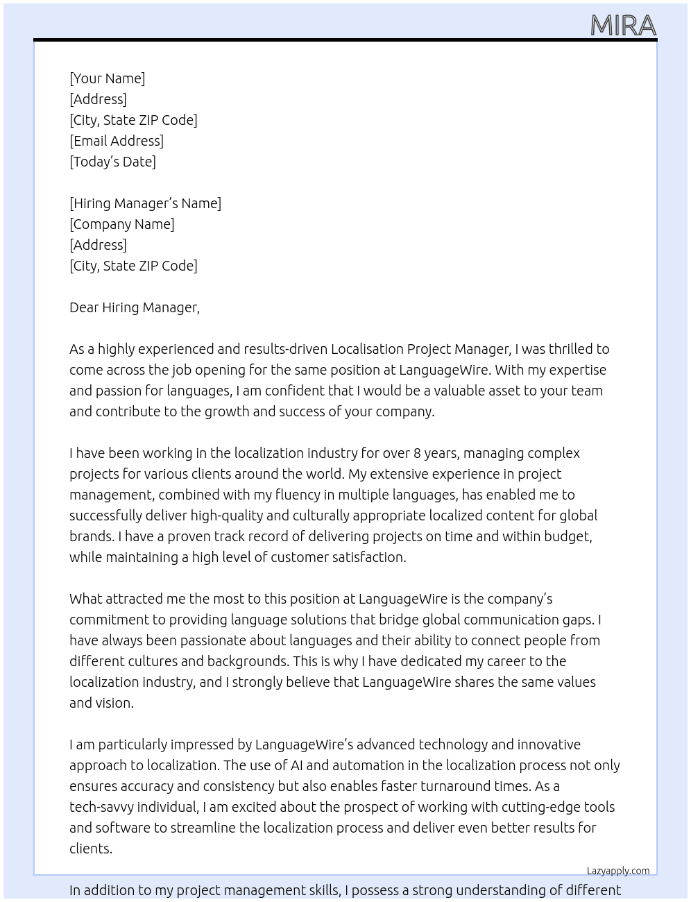 Localisation Project Manager At LanguaeWire Cover Letter
