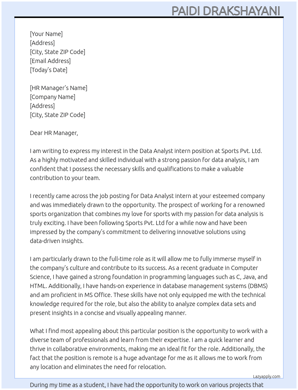Data Analyst intern At Sports Pvt.Ltd  Cover Letter