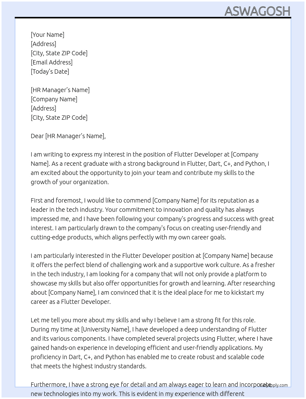 Flutter developer  fresher  At Jxjxh Cover Letter