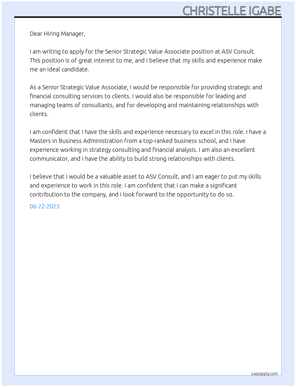 Senior Strategic Value Associate At ASV Consult Cover Letter