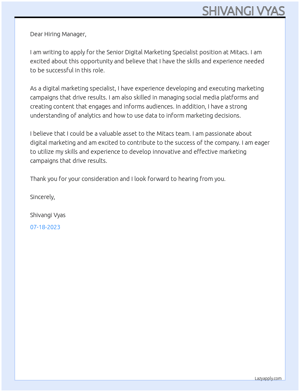 Senior Digital Marketing Specialist At Mitacs Cover Letter