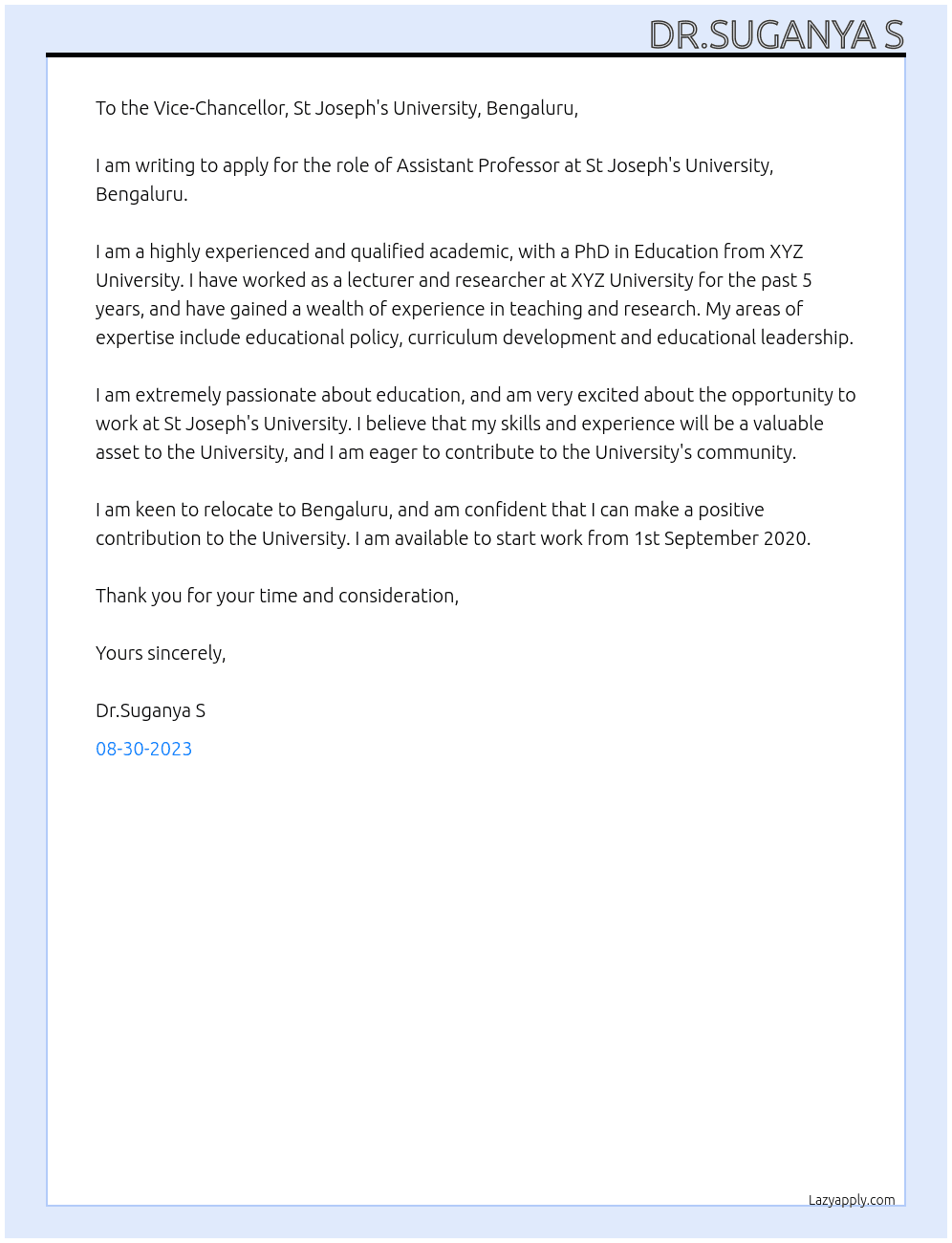 Assistant Professor  At St Joseph's University Cover Letter