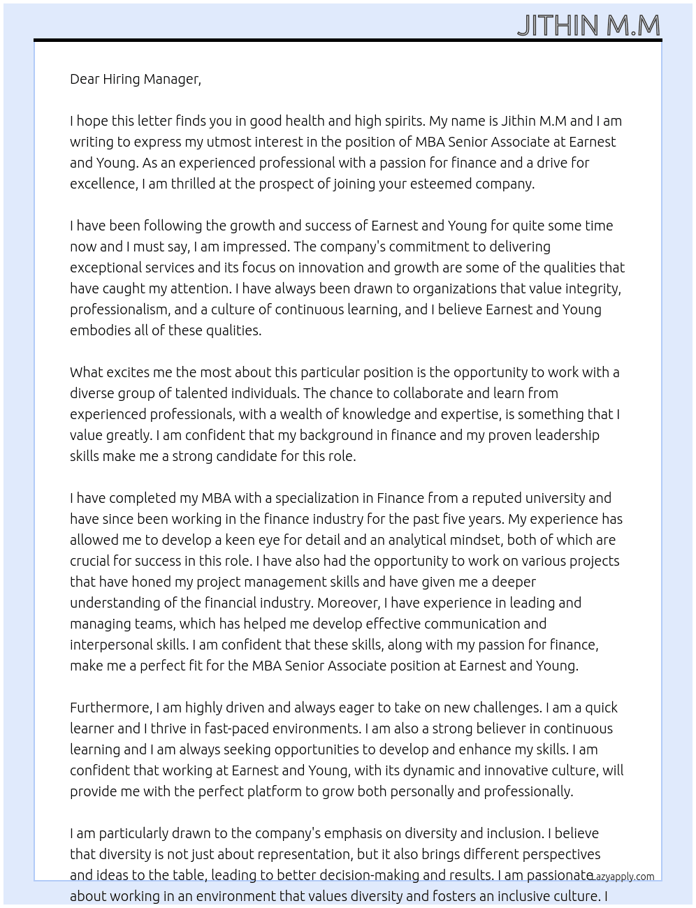 MBA Senior Associate  At Earnest and Young  Cover Letter