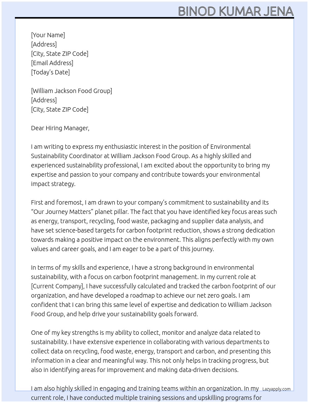  Environmental Sustainability Coordinator At lliam jackson food group Cover Letter