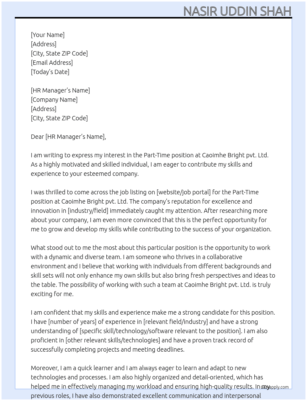 Part time At Caoimhe Bright pvt. Ltd.    Cover Letter