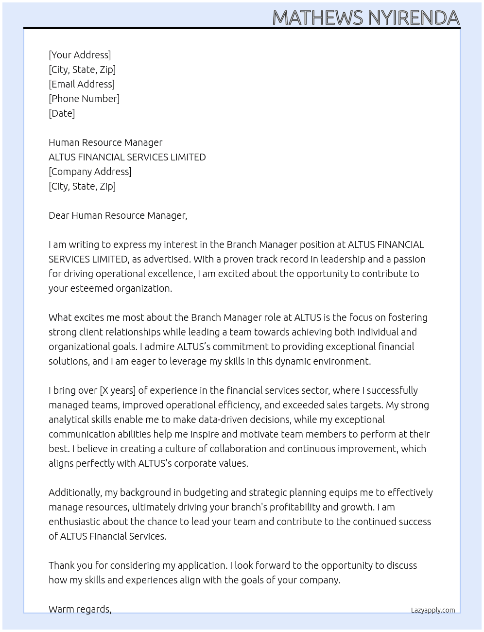 Branch Manager At ALTUS FINANCIAL SERVICES LIMITED Cover Letter