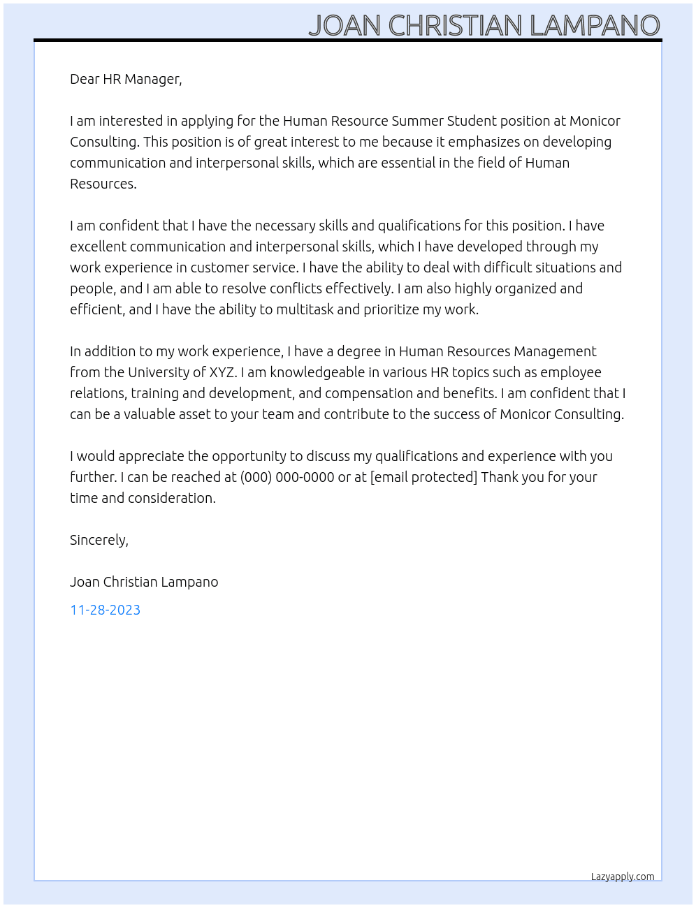 Human resource Summer Student At Monicor Consulting Cover Letter