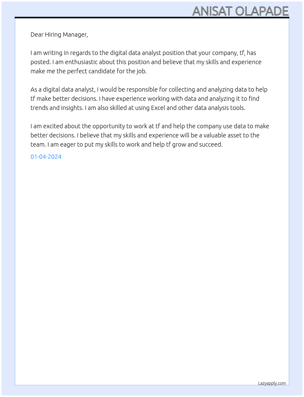 Digital data analyst At tf Cover Letter