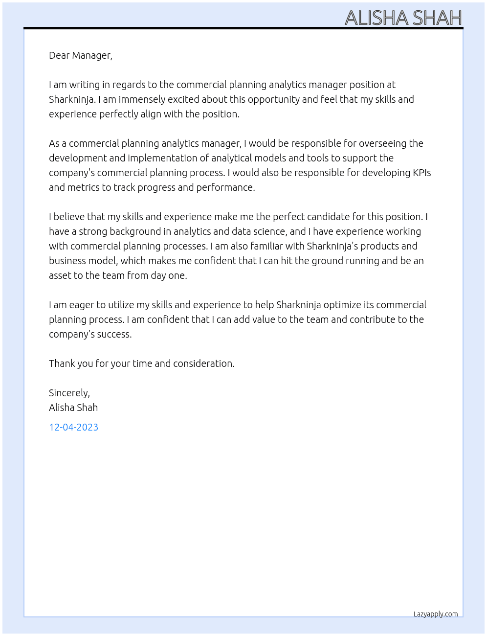 Commercial planning analytics manager At Sharkninja Cover Letter