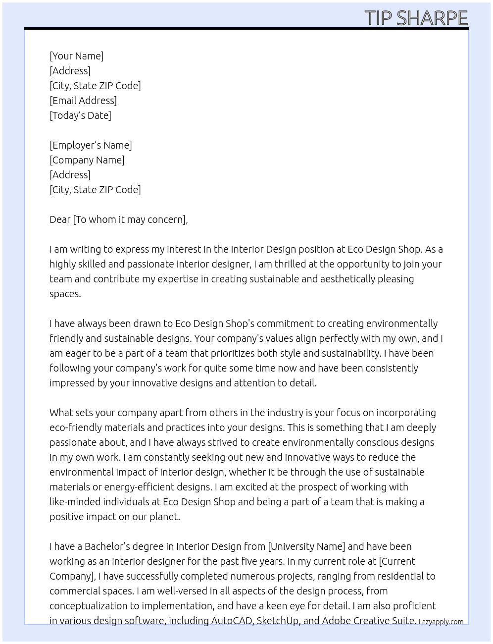 Interior Design At Eco Design shop Cover Letter
