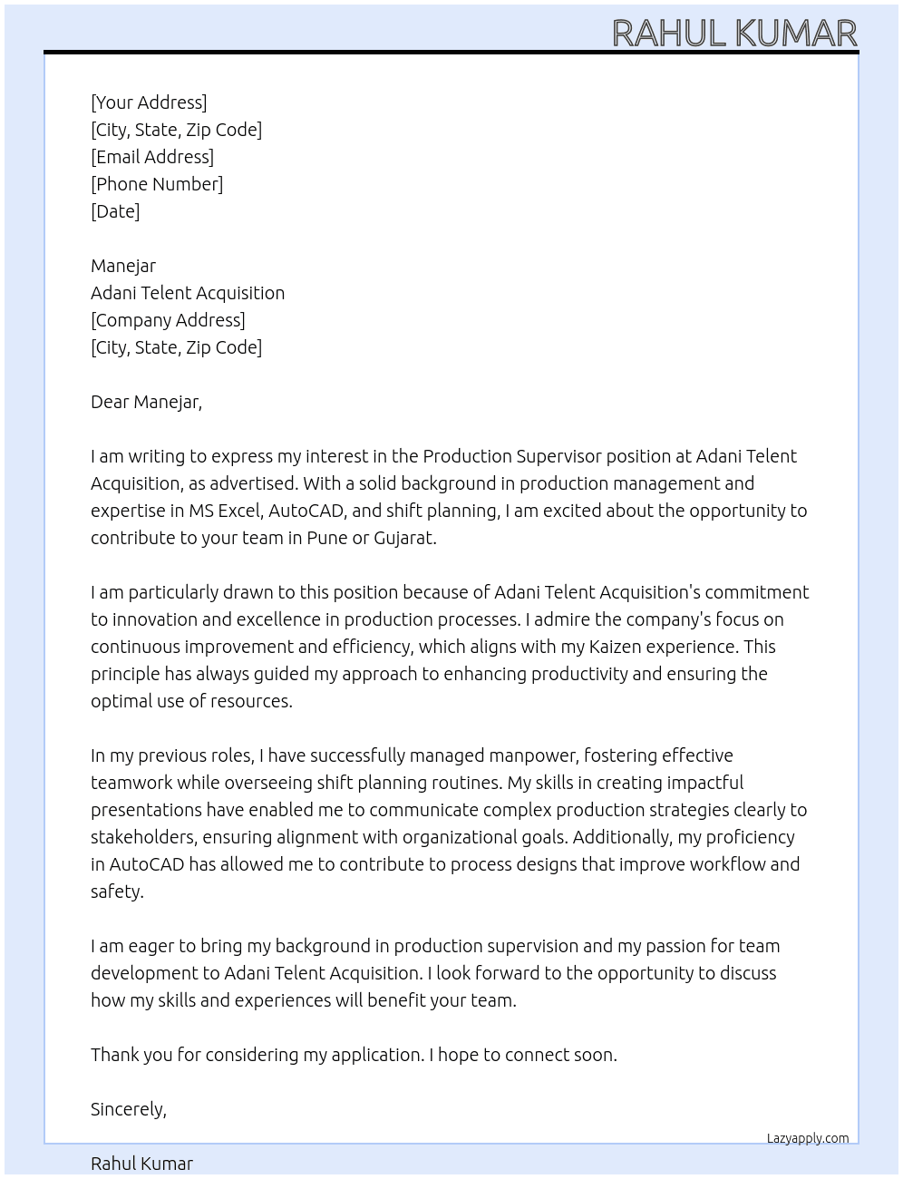 Production supervisor  At Adani telent acquisition  Cover Letter