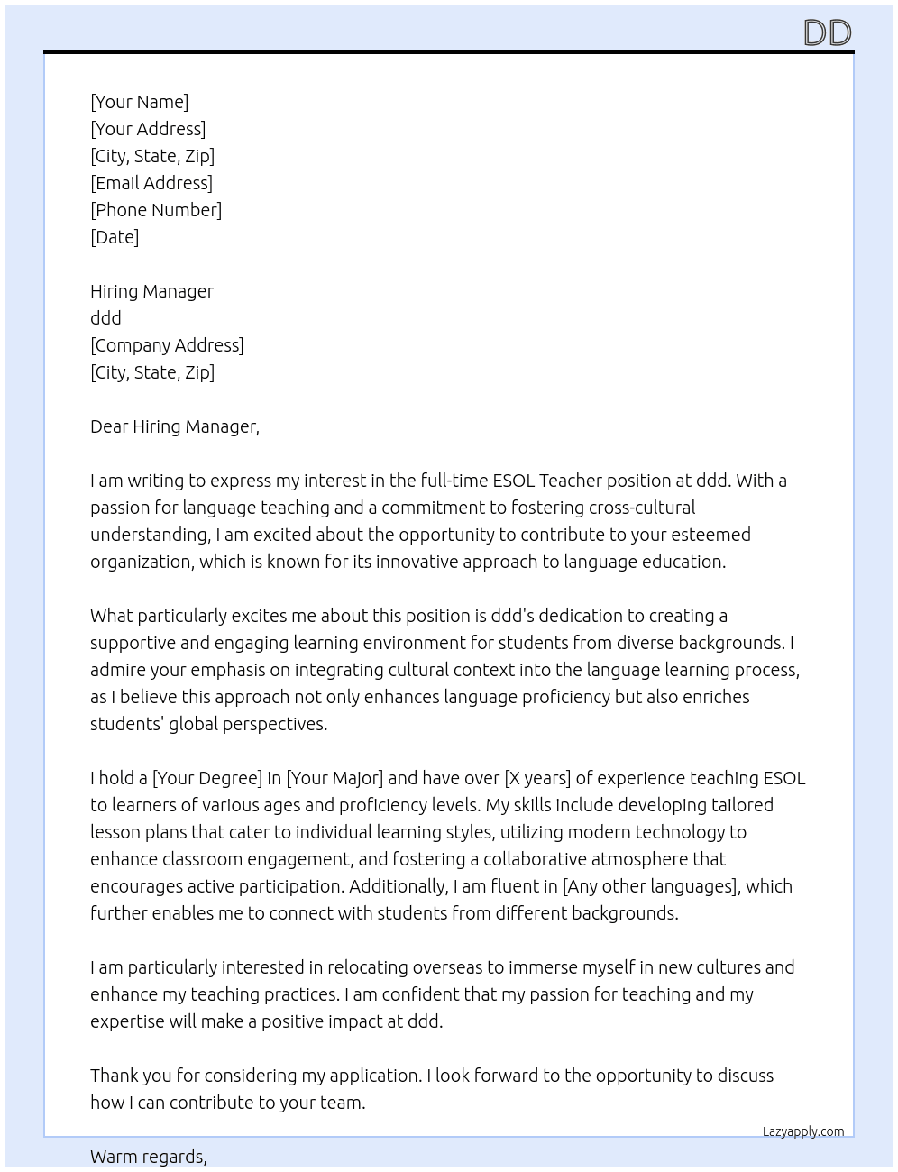 Cover letter for esol teacher - LazyApply