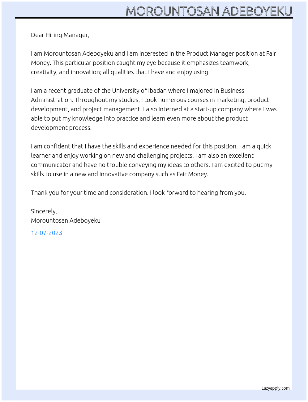 Product Manager At Fair Money Cover Letter