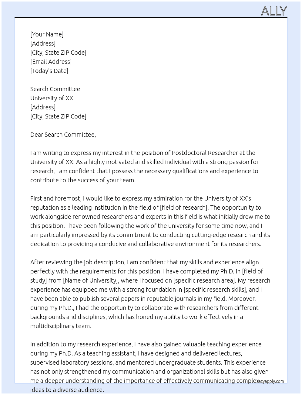 Postdoctoral researcher At University of XX Cover Letter