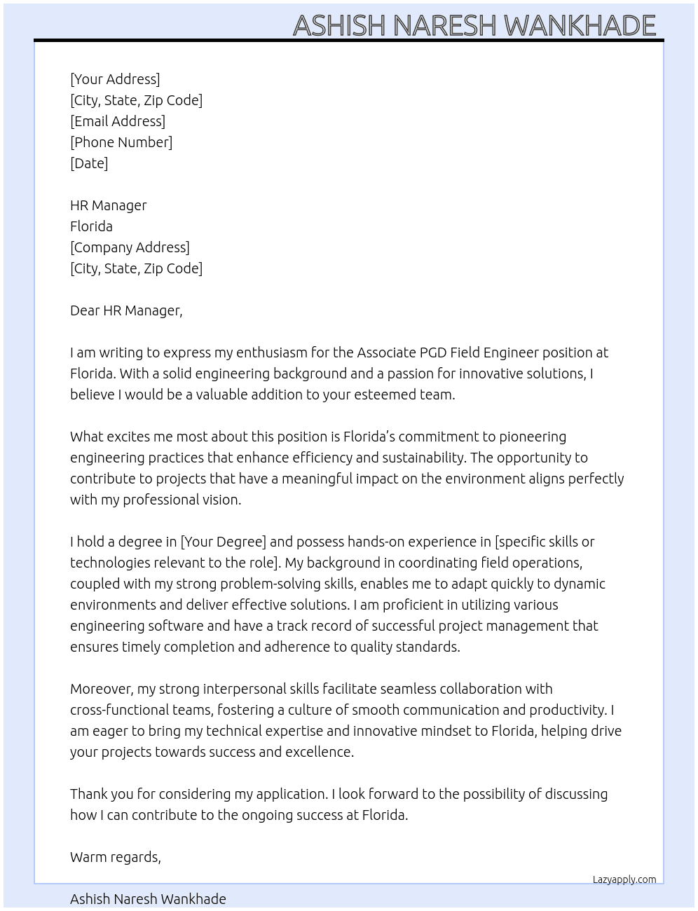 Associate PGD field engineer  At Florida  Cover Letter