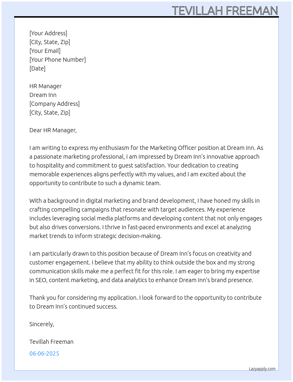Marketing Officer  At Dream Inn Cover Letter