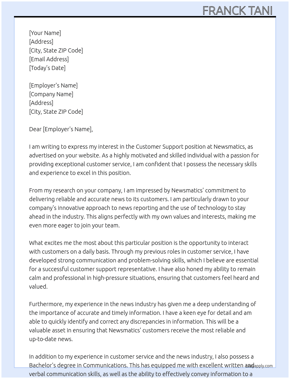 Customer support position  At Newsmatics  Cover Letter