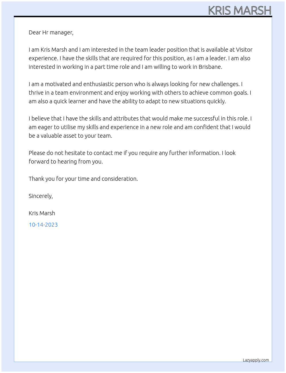 Team leader At Visitor experience  Cover Letter