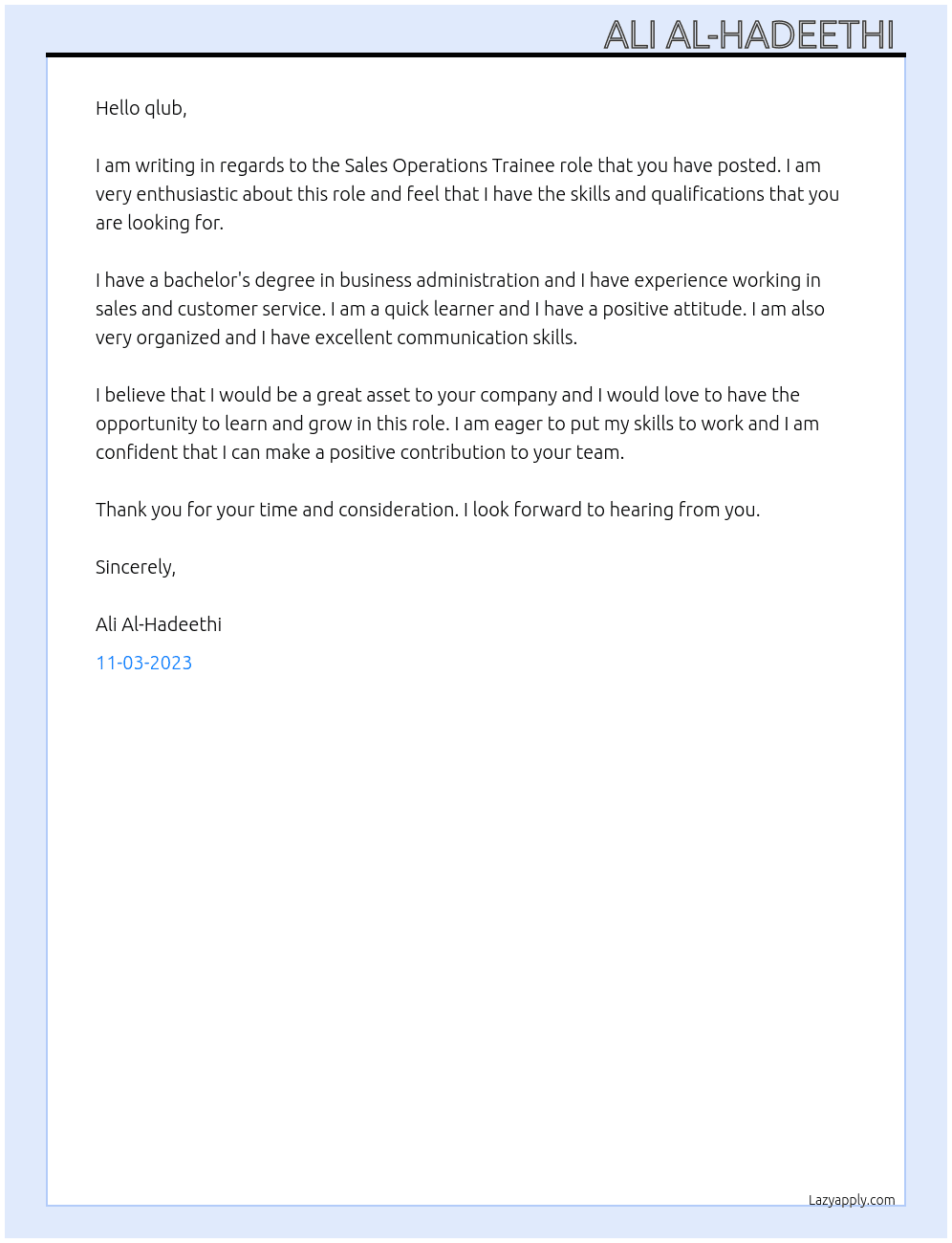 Sales Operations Trainee At qlub Cover Letter
