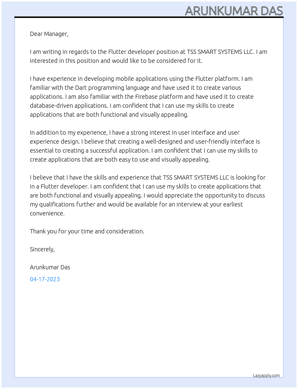 Flutter developer At TSS SMART SYSTEMS LLC Cover Letter